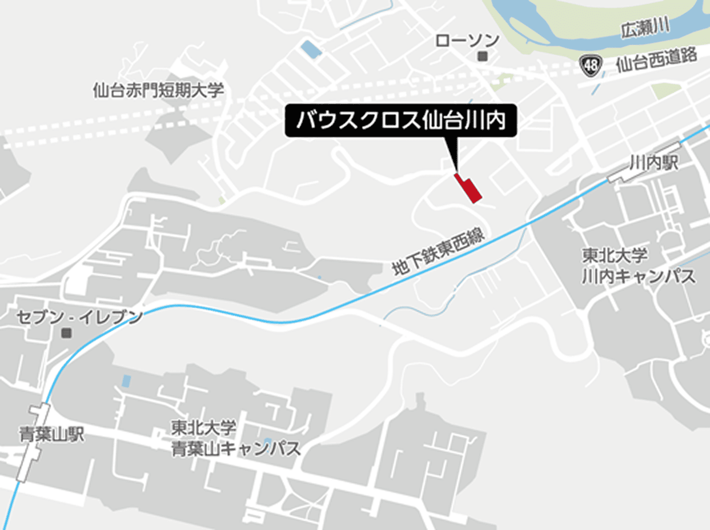 川内駅からのバウスクロス仙台川内への地図